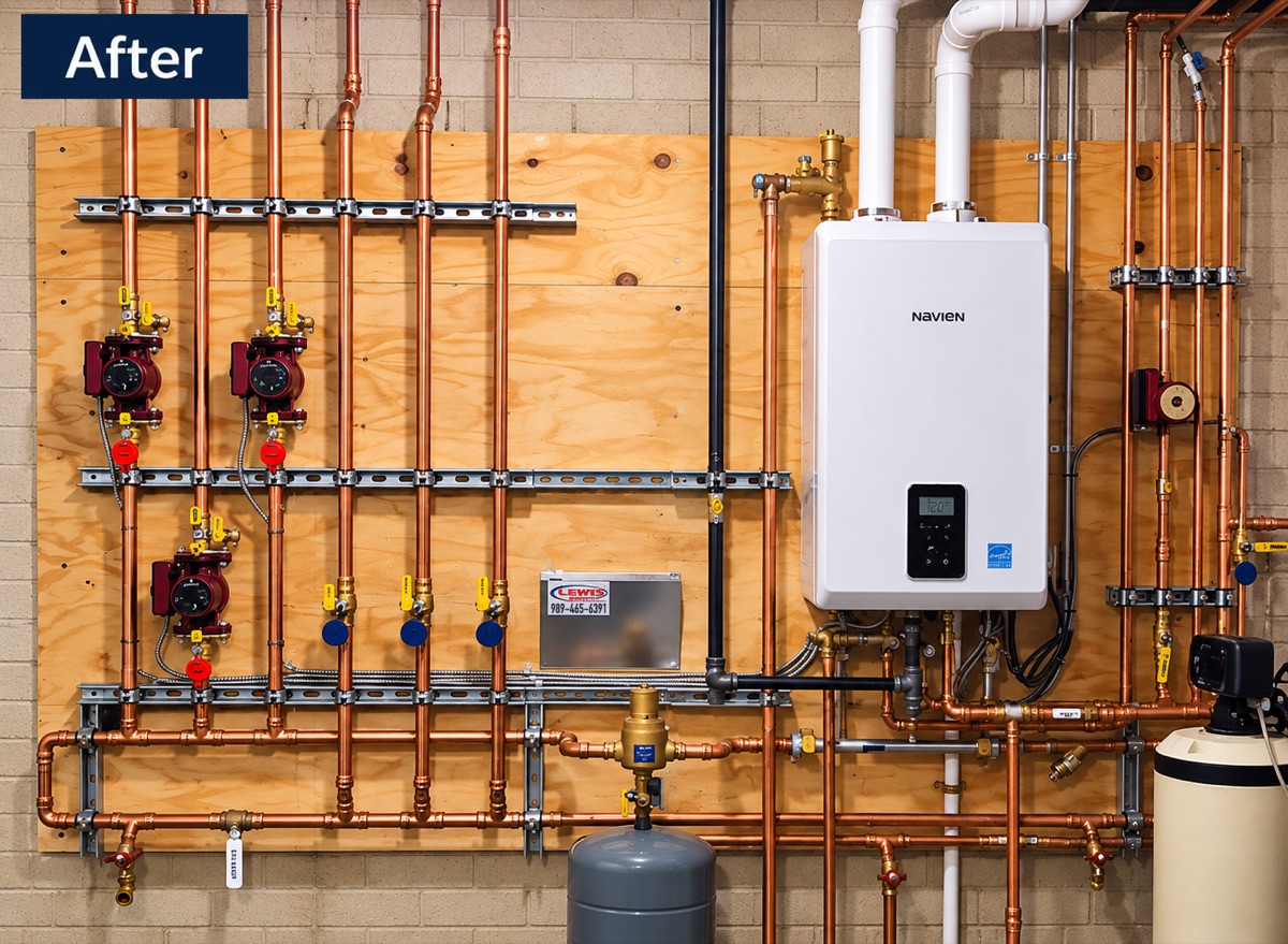 New Navien boiler with copper manifolds and piping after the Lewis Bros Inc makeover